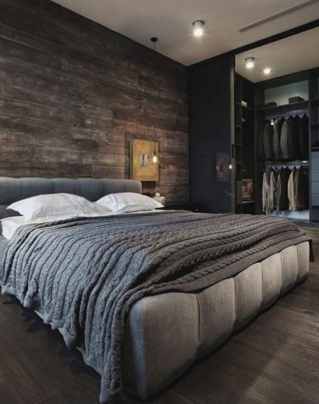 Modern Masculine Bedroom with Dark Wood Accent Wall