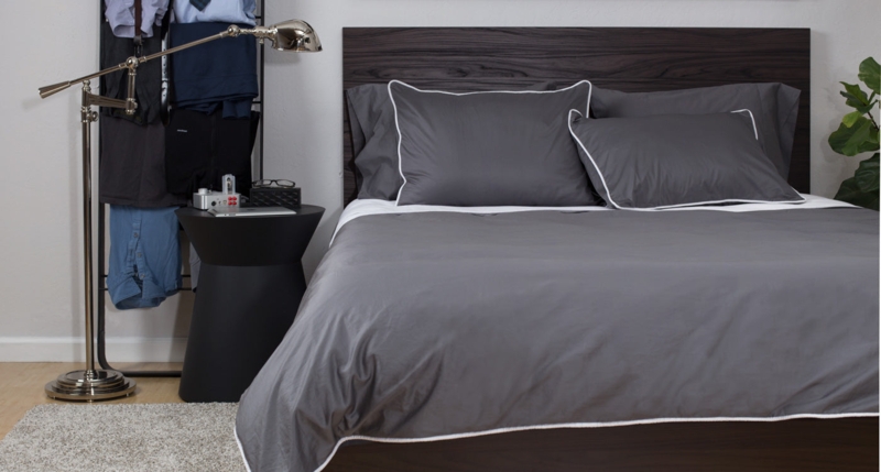 Modern Masculine Gray Bedding with Wooden Headboard