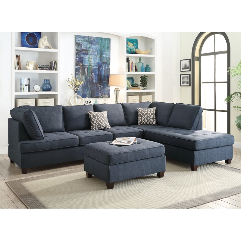 Modern Navy Blue Angled Sofa Sectional with Ottoman