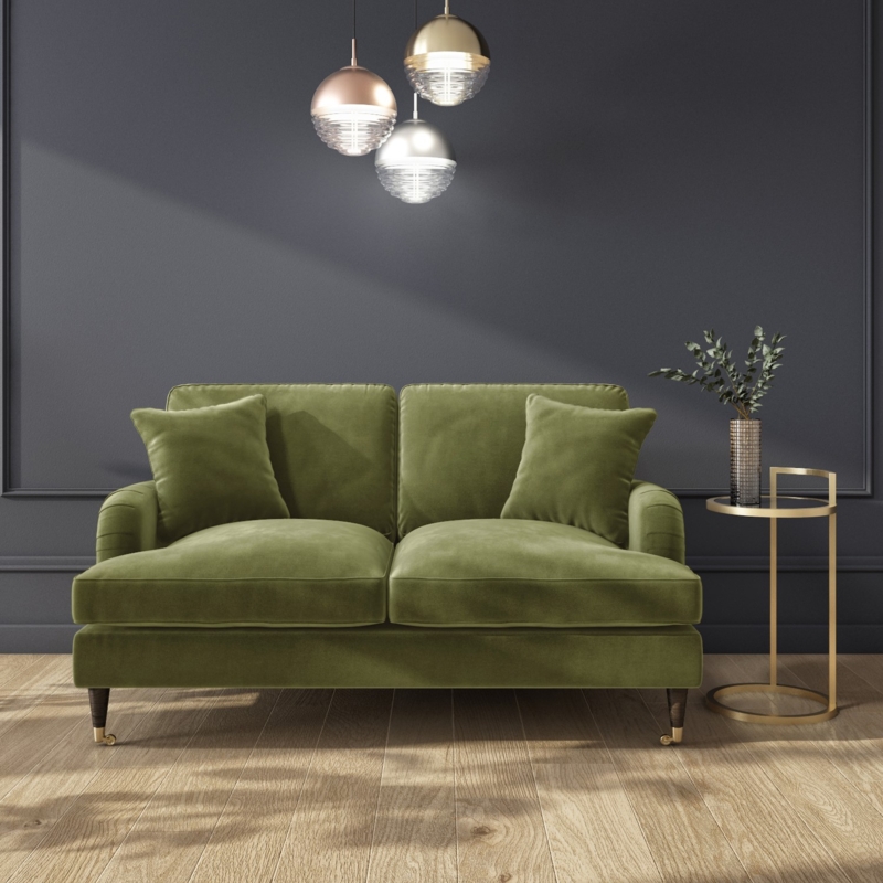 Modern Olive Green Velvet Sofa with Chic Lighting