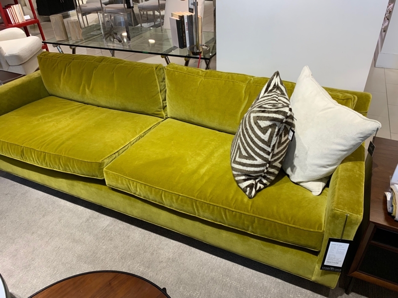 Modern Olive Green Velvet Sofa with Patterned Cushions