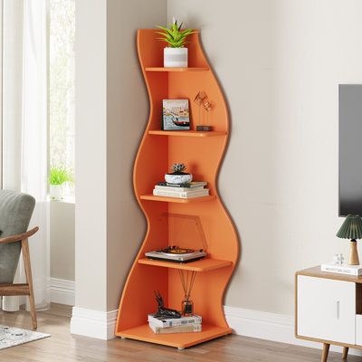 Modern Orange Curved Corner Bookcase for Small Spaces