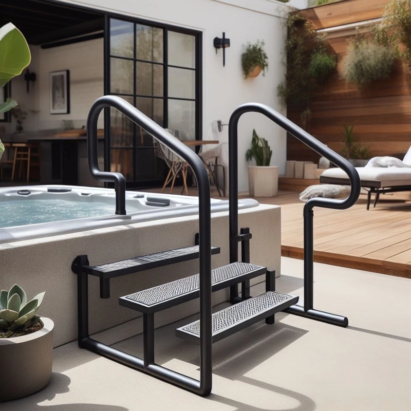 Modern Outdoor Hot Tub Steps with Sleek Handrails