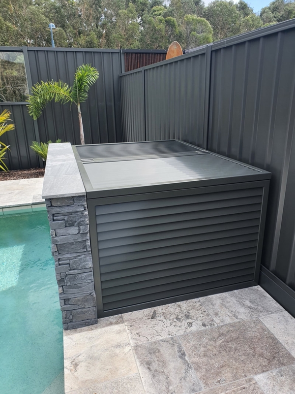Modern Pool Pump Enclosure with Stone Accent