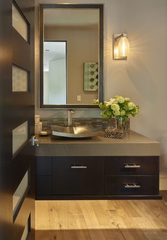 Modern Powder Bath with Hammered Metal Sink and Floating Vanity