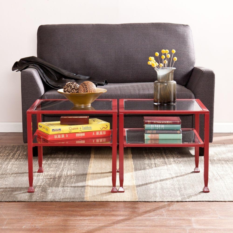 Modern Red Metal Frame Glass Coffee Tables