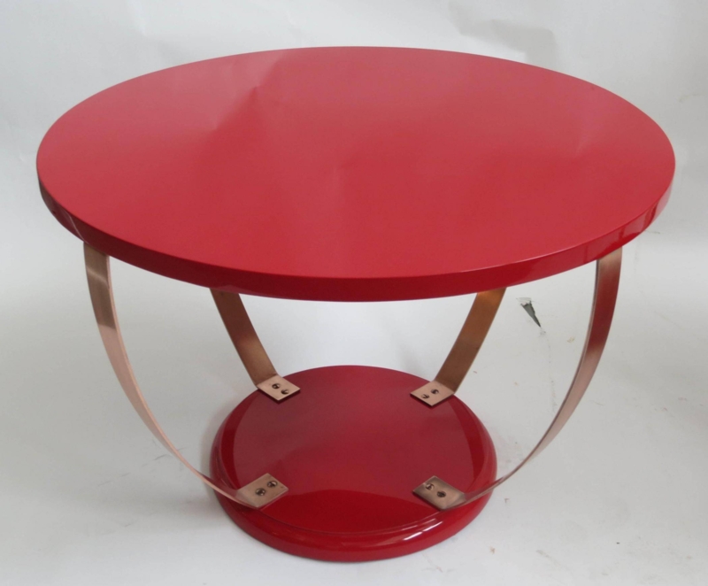 Modern Round Red Coffee Table with Gold Accents