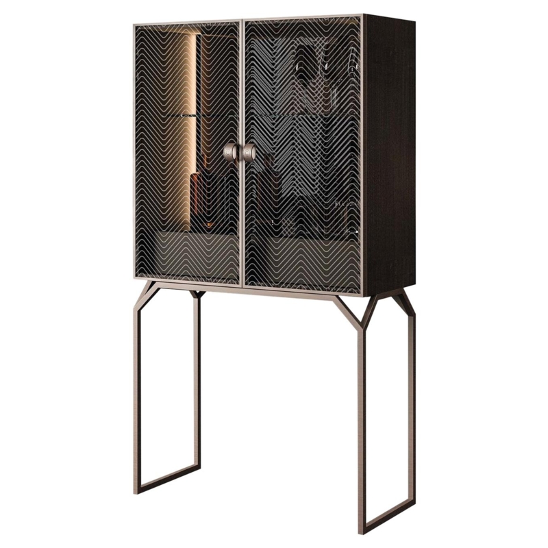 Modern Slim Glass Bar Cabinet with Patterned Doors