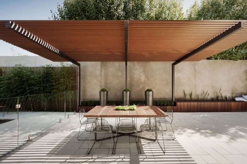 Modern Steel Cantilever Pergola with Outdoor Dining