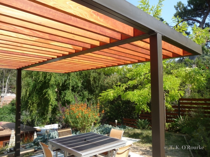 Modern Steel Cantilever Pergola with Wooden Slats