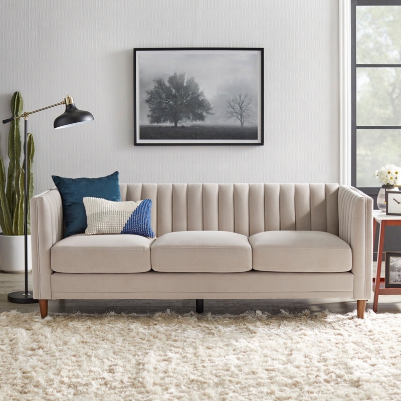 Modern Taupe Sofa with Accent Pillows