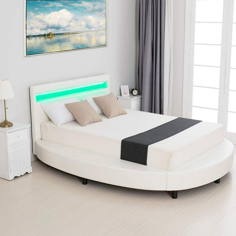 Modern Upholstered Round Platform Bed with LED Headboard