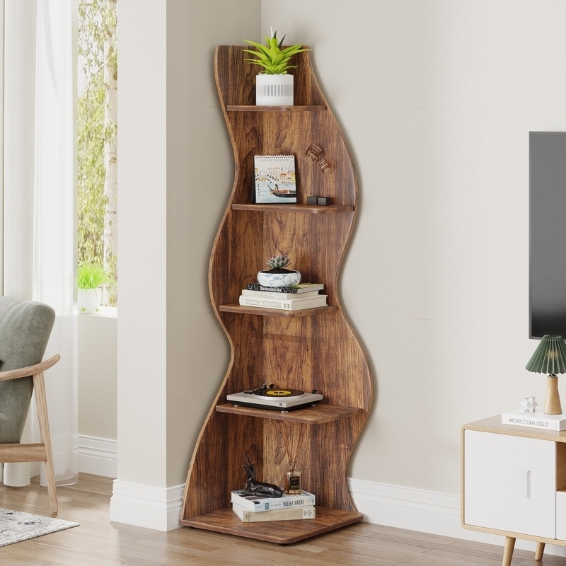 Modern Wavy Wooden Corner Bookcase Shelves