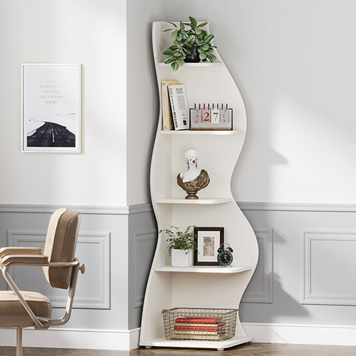 Modern White Curved Corner Bookcase for Small Spaces