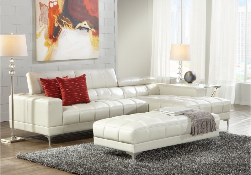 Modern White Leather Sectional Sofa with Ottomans