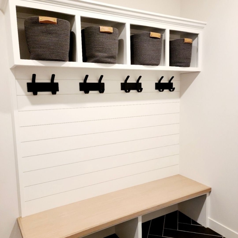 Modern White Mudroom Bench with Black Hooks