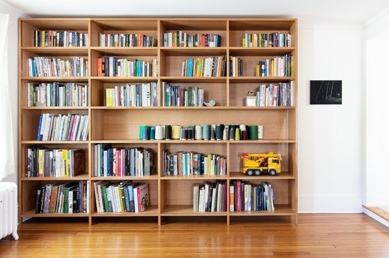 Modern White Oak Built-In Bookshelf with Open Storage