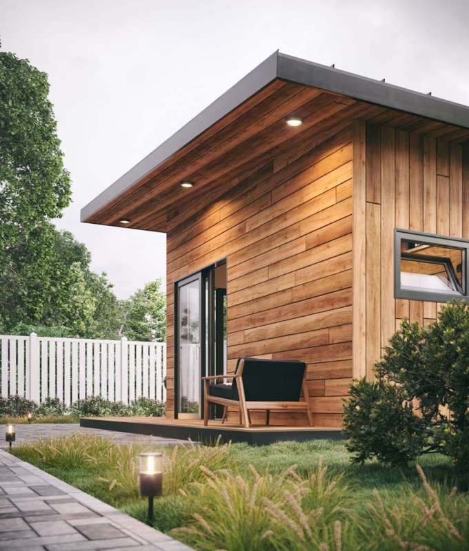 Modern Wood Shed with Outdoor Seating Area