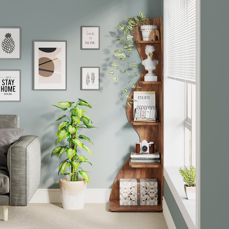 Modern Wooden Corner Bookcase with Decorative Shelves