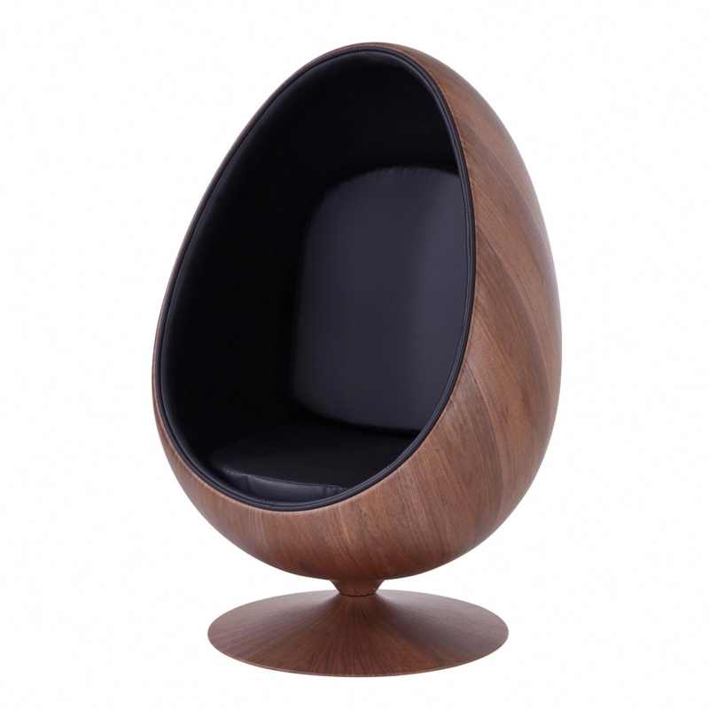 Modern Wooden Swivel Cocoon Chair with Black Cushion