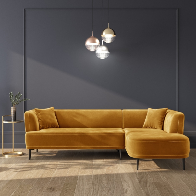 Mustard Yellow Velvet 3-Seater Corner Sofa Interior