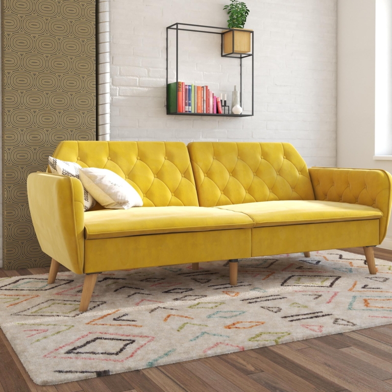 Mustard Yellow Velvet Futon Sofa with Mid-Century Legs