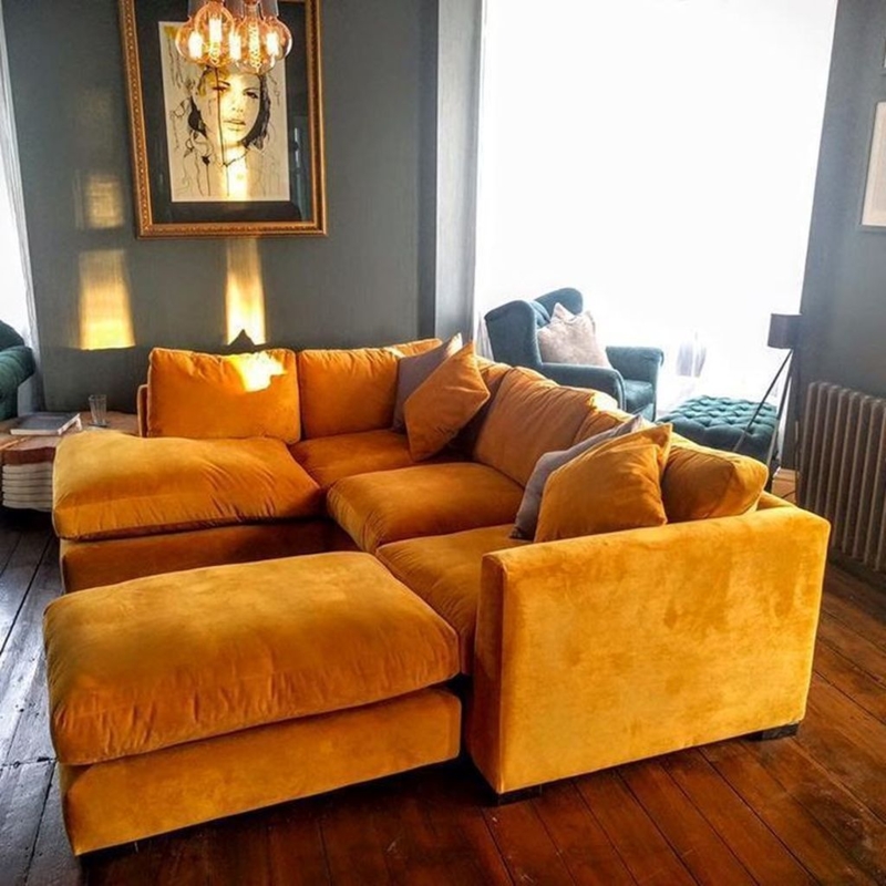 Mustard Yellow Velvet Sectional Sofa in Warm Living Room