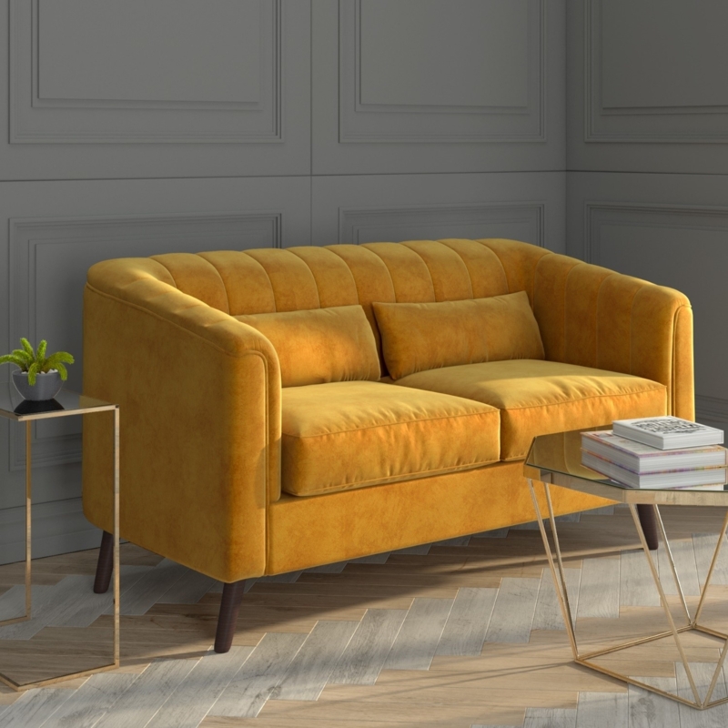Mustard Yellow Velvet Two-Seater Sofa with Cushions