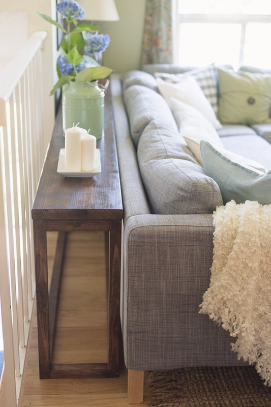 Narrow Wooden Console Table Behind Sofa with Stools