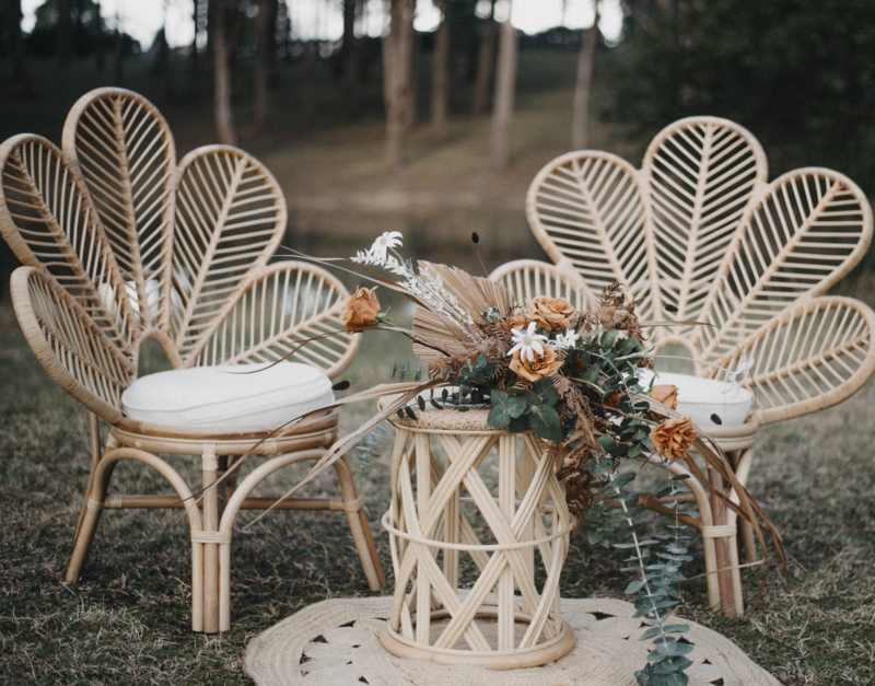 Natural Bamboo Rattan Flower-Shaped Chairs with Floral Decor
