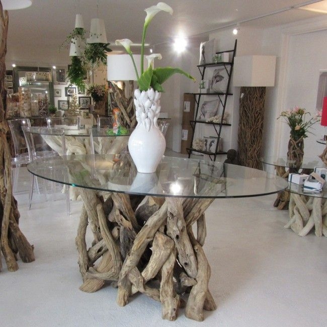 Natural Driftwood Base Glass Oval Dining Table