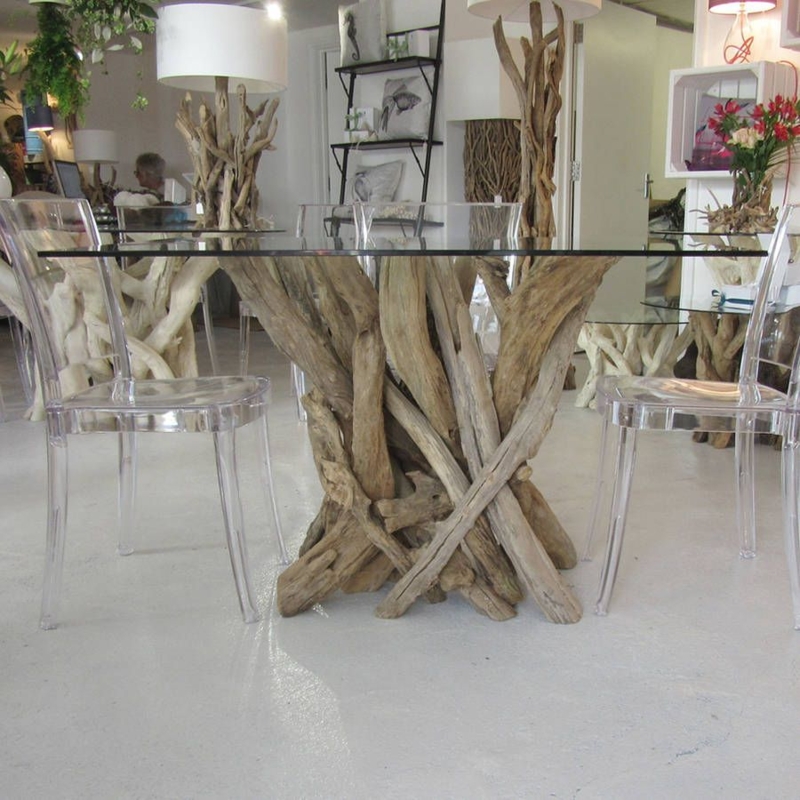 Natural Driftwood Base Oval Glass Dining Table