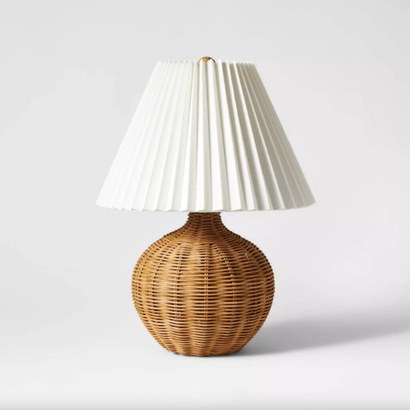 Natural Woven Rattan Table Lamp with White Pleated Shade