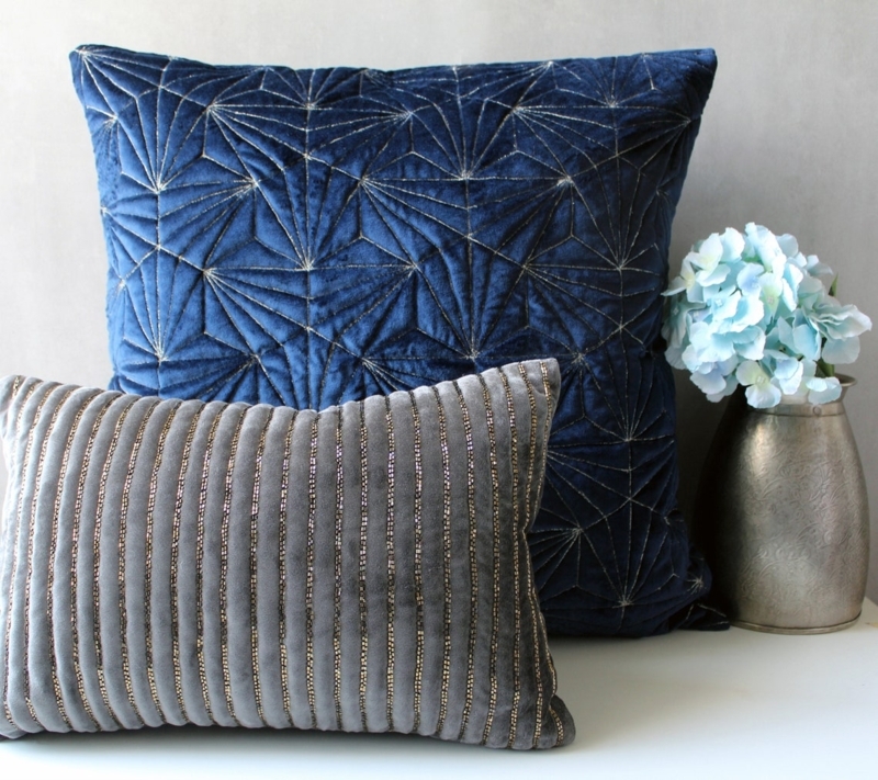 Navy Blue and Gray Velvet Luxury Decorative Pillows