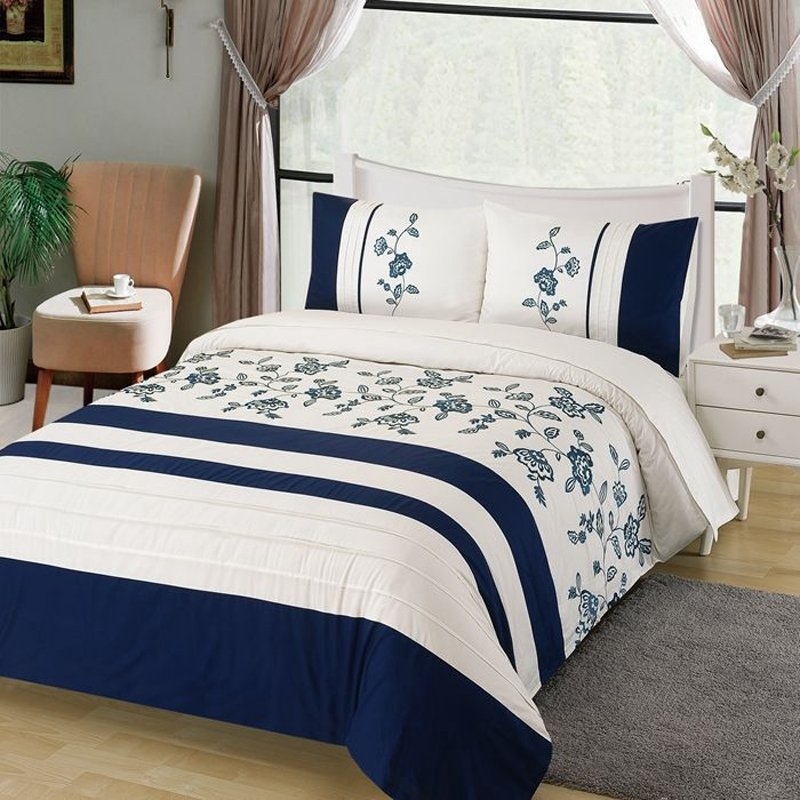 Navy Blue and White Floral Striped Bedding Set