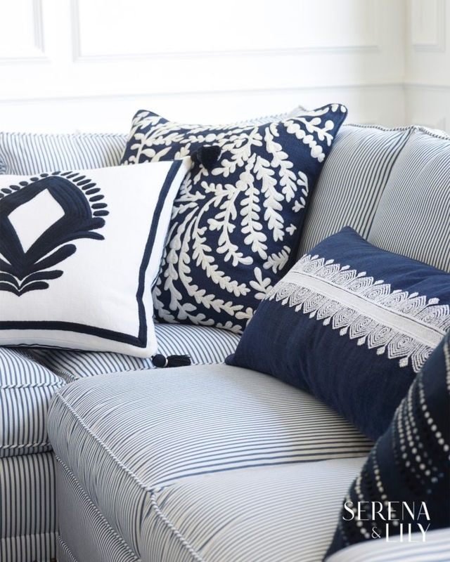 Navy Blue Floral and Striped Decorative Pillows