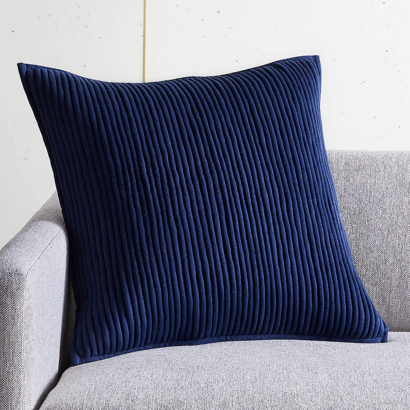 Navy Blue Ribbed Modern Throw Pillow on Sofa
