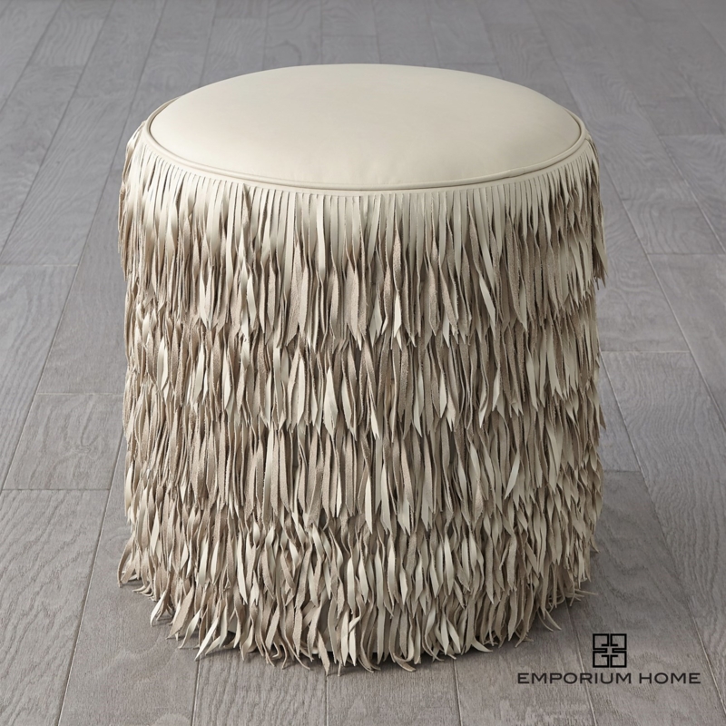 Neutral Fringe Ottoman for Modern Living Spaces