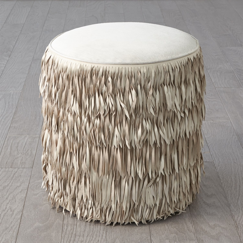 Neutral Fringe Ottoman with Textured Design