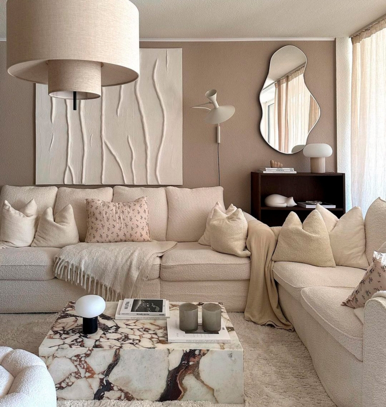 Neutral Taupe Leather Sofa with Cozy Living Room Decor