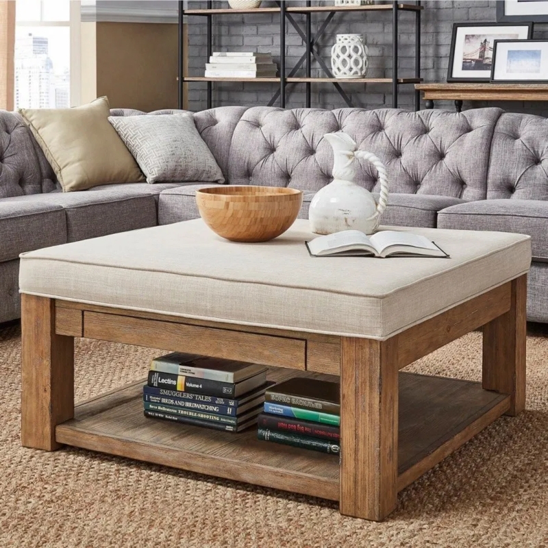 Neutral Upholstered Storage Ottoman Coffee Table