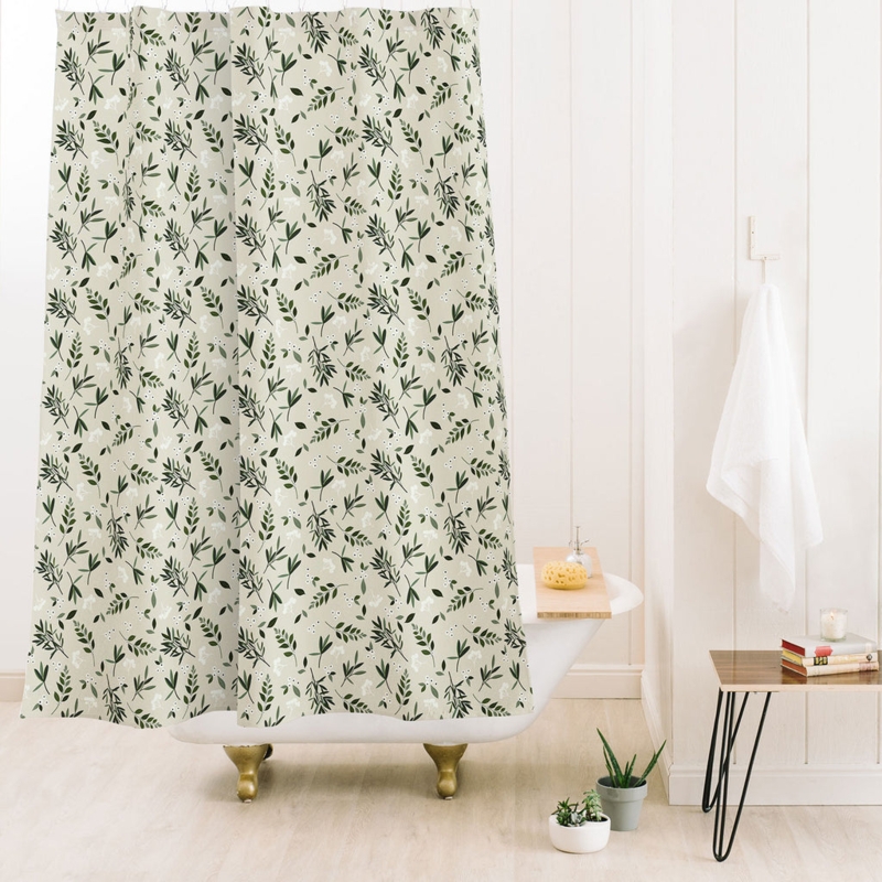 Nordic Olive Green Botanical Shower Curtain