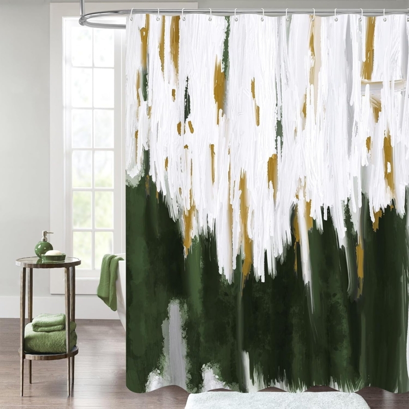 Olive Green Abstract Shower Curtain for Modern Bathroom