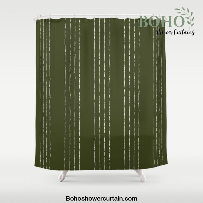 Olive Green Boho Vertical Lines Shower Curtain