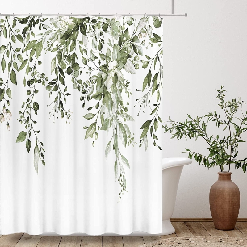 Olive Green Eucalyptus Watercolor Shower Curtain