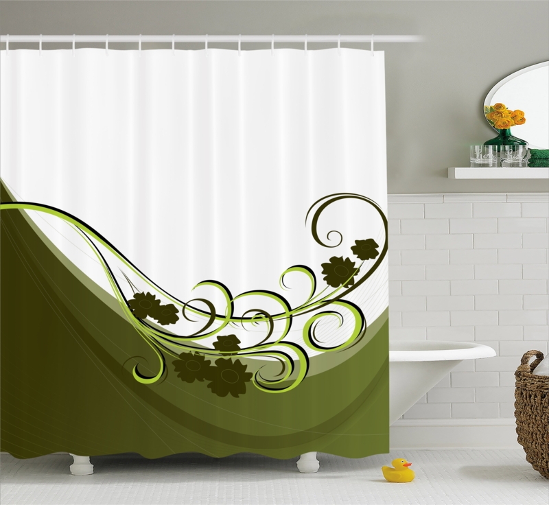 Olive Green Floral Shower Curtain for Bathroom