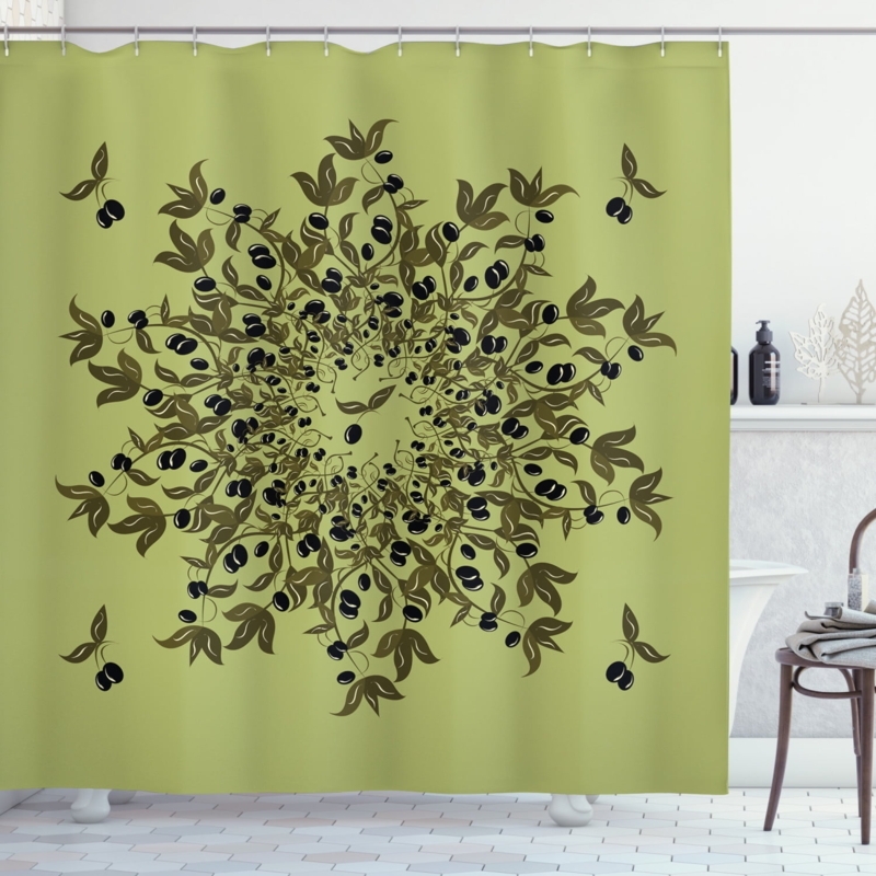 Olive Green Shower Curtain with Fruit Branch Design