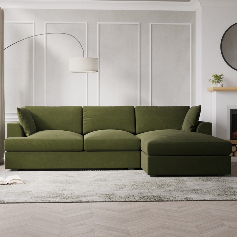 Olive Green Velvet L-Shaped 4 Seater Sofa