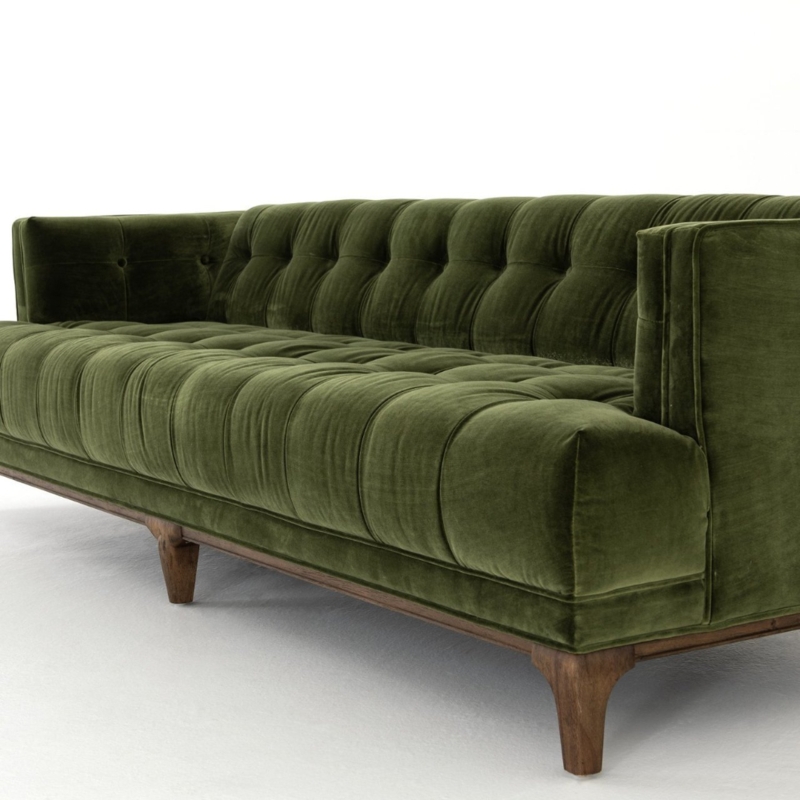 Olive Green Velvet Mid-Century Modern Sofa