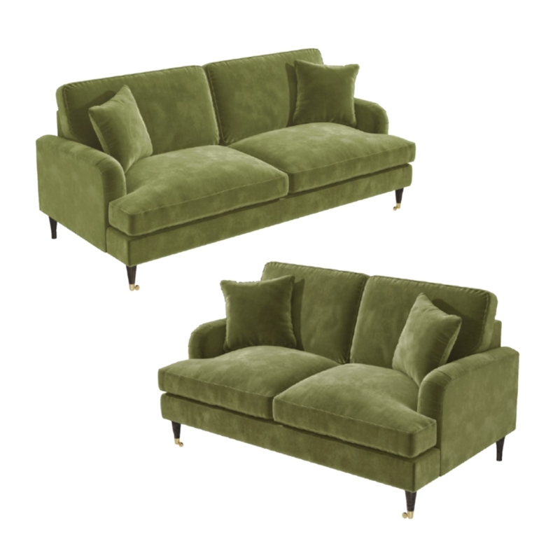 Olive Green Velvet Payton Sofa Set with Cushions